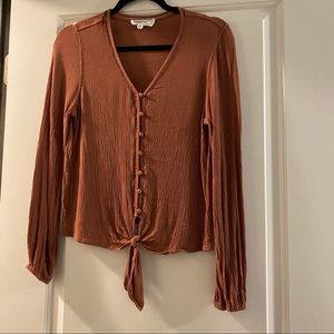 Rust Crepe Button-Down Tie-Front Top